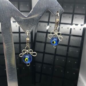 Artisan sterling silver 925 hooks evil eye glass bead earrings boho